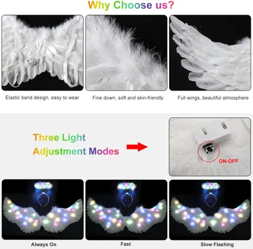 Vista 3 de Alas de ángel, alas de ángel iluminadas y halo con luces LED, disfraz de alas de ángel blancas para adultos, mujeres, niños, Halloween, Navidad