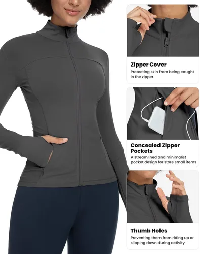 Vista 5 de QUEENIEKE Chaquetas de correr para mujer con cremallera, chaquetas atléticas ajustadas para entrenamiento, gimnasio, yoga, pista, con bolsillos