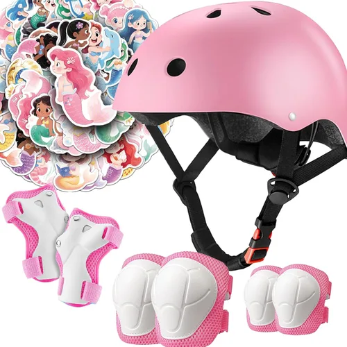Vista 10 de Juego de casco de bicicleta para niños, certificado CPSC con rodilleras, coderas, muñequeras, casco negro ajustable para niñas de 2-3-5-8 años