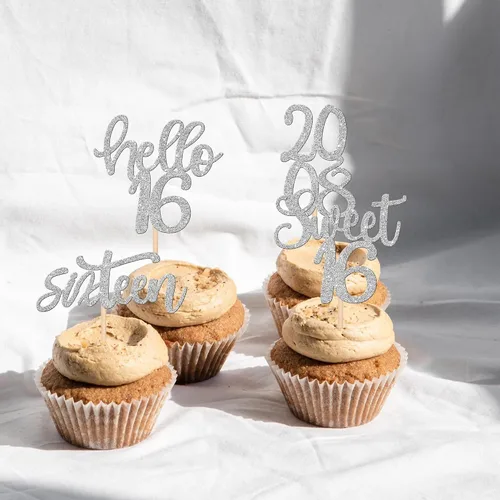 Vista 6 de 24 piezas de decoraciones para cupcakes de 16 cumpleaños con purpurina, ¡Hola 16! Dulces 16 desde 2008, púas para cupcakes de 16 años para celebrar