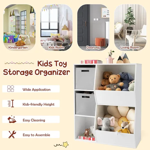 Vista 8 de HONEY JOY Organizador de almacenamiento de juguetes para niños con 5 cubículos, estantería y estantería para niños con 2 cajas de almacenamiento