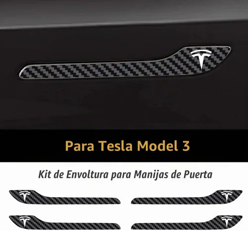 Vista 3 de IPG Kit de 4 calcomanías para manija de puerta de Tesla Model 3/Model Y (juego de 4) con logotipo de Tesla (fibra de carbono negra)