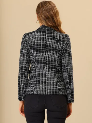 Vista 4 de Allegra K Chaqueta de tweed para mujer, chaqueta a cuadros de manga larga, elegante para el trabajo, frente abierto, chaqueta de tweed