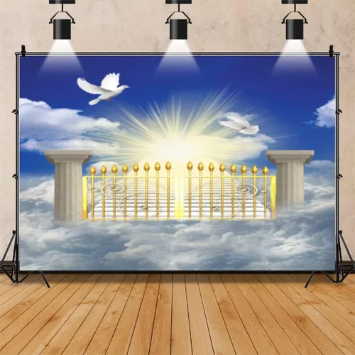 Vista 4 de Telón de fondo del cielo de 5x3 pies Puerta del cielo Puerta del paraíso Fondo fotográfico para niños, alfombra de baby shower, pancarta