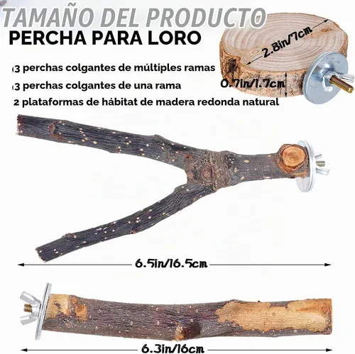 Vista 2 de 8 piezas de perca de pájaro de madera natural para loro, tenedor, juguetes colgantes de múltiples ramas, hamaca de juguete para guacamayos