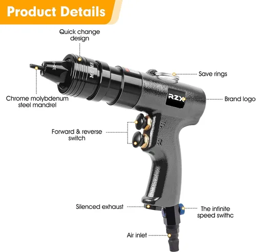 Vista 3 de RZX Herramienta de remache neumática Herramienta neumática de ajuste de tuerca de remache con cambio rápido M3 M4 M5 6-32 10-24 3/16 6 piezas