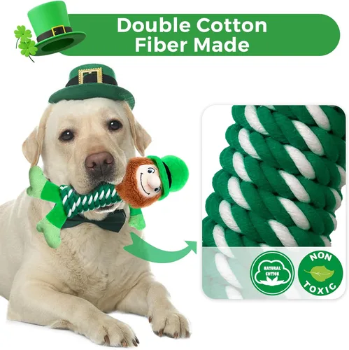 Vista 5 de Juguete para perros del día de San Patricio, juguetes de cuerda verde con chirriante, limpieza de dientes de perro de tira y afloja, regalos del día