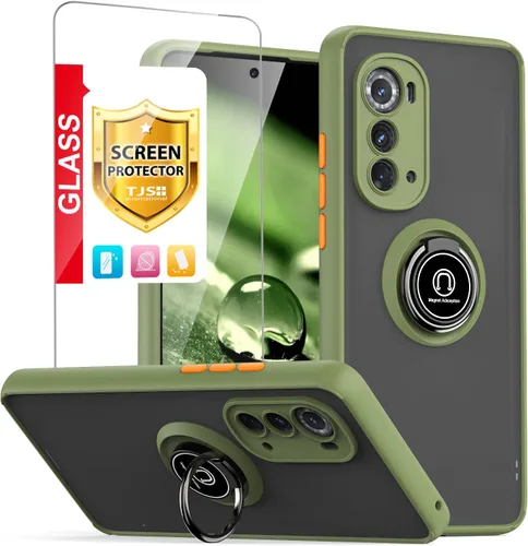 Vista 12 de TJS - Funda compatible con Motorola Moto Edge 2022 (negro) with Tempered Glass Screen Protector Metal Ring Magnetic Support Kickstand Heavy Duty