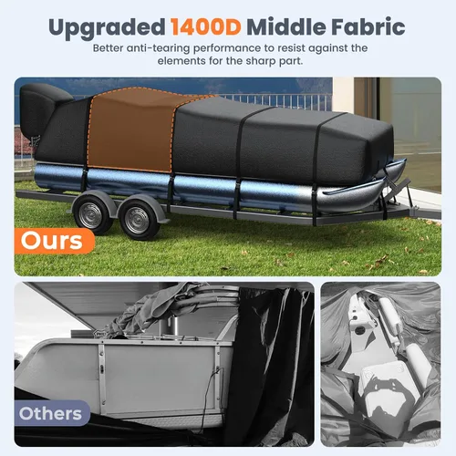 Vista 5 de RVMasking Cubierta para barco pontón con cubierta para motor, 1400D resistente reforzada en el medio, cubierta impermeable para barco de grado