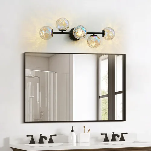 Vista 2 de Luz LED negra para tocador de baño: 5 luces de vidrio martillado colorido globo de luz - Luces de pared únicas de mediados de siglo modernas
