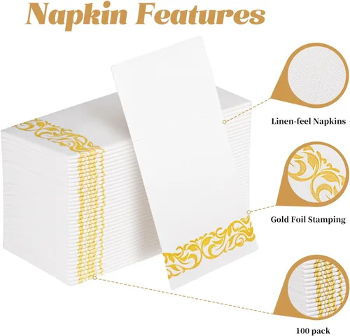 Vista 2 de KAMMAK Servilletas de papel para cena blancas con bolsillo, desechables, paquete de 100 unidades, con ribete amarillo, sensación de lino