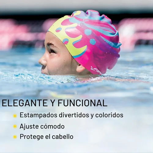Vista 3 de FINIS Gorra de silicona de sirena, divertido gorro de natación para niños con un ajuste universal, gorra de natación 100% de silicona con borde