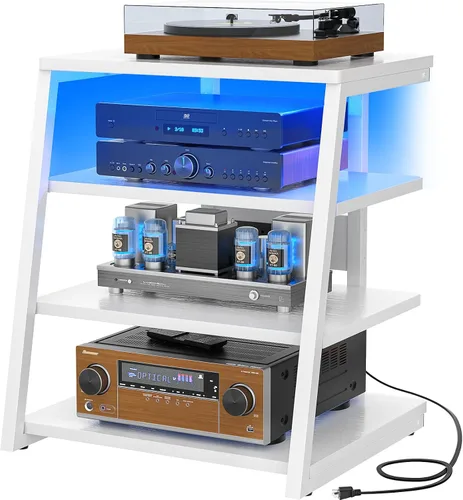 Vista 17 de Soporte multimedia AV de 4 niveles con tiras de alimentación, soporte estéreo con luces LED, torre de audio en rack con estantes ajustables, pequeño