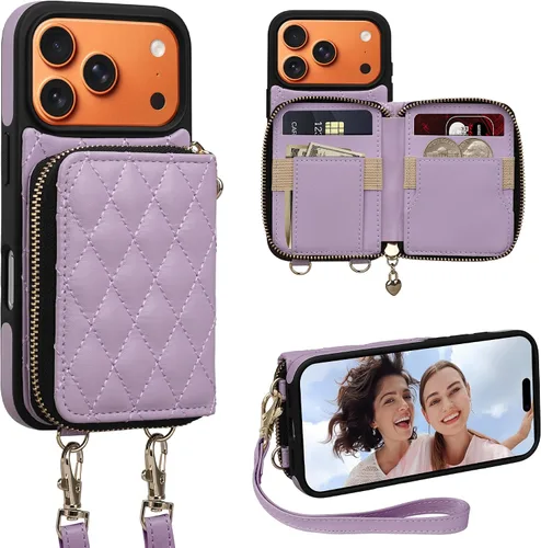 Vista 30 de Funda para iPhone 12 Pro/iPhone 12 de 6.1 pulgadas, cartera cruzada con cremallera para mujer, tarjetero con bloqueo RFID, funda de cuero con Negro