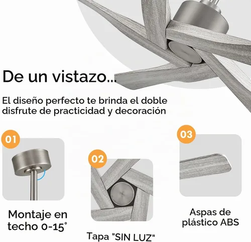 Vista 5 de WINGBO - Ventilador de techo de 54" de ABS con motor DC sin luz, ventilador de techo de 5 aspas con veta de madera de ABS con control remoto, motor