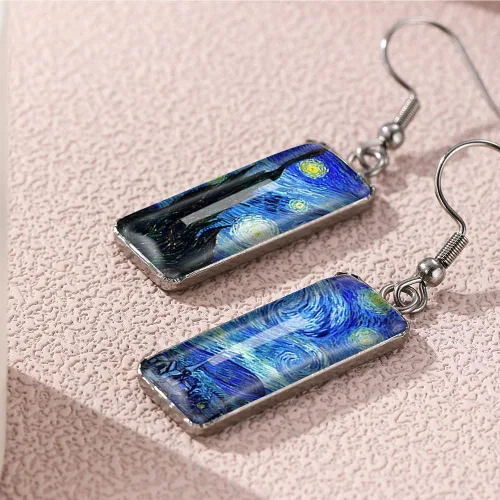 Vista 2 de Van Gogh - Aretes colgantes con diseño de girasol y cielo estrellado para mujer, aretes de arte abstracto