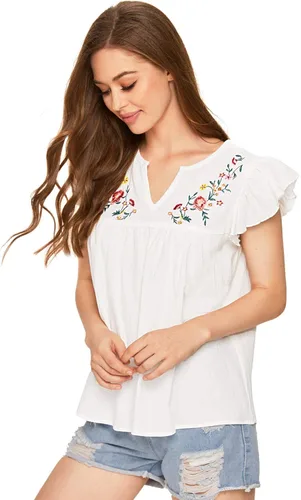 Vista 5 de Floerns - Camisa con diseño de estilo mexicano bordado bohemio para mujer