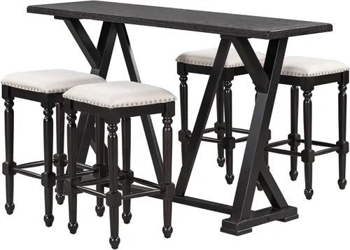 Vista 3 de Mid-Century - Juego de comedor de 5 piezas, altura de mostrador, mesa consola de madera con patas de caballete y 4 taburetes para lugares pequeños