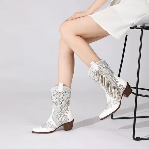 Vista 4 de Tsrenlmln Botas de tobillo para mujer, con punta puntiaguda, con diamantes de imitación, tacón grueso, remaches, botas vaqueras occidentales