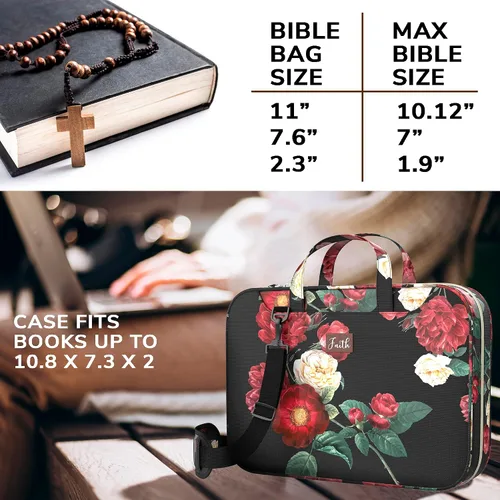 Vista 9 de DEHITE Bible Cover Case for Women – Floral Black Bible Bag Carrying Case – Messenger Bag
