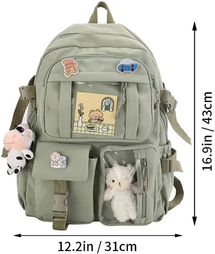 Vista 5 de Linda mochila Kawaii para niñas, mochila escolar kawaii, mochila escolar de anime, llavero colgante mochila de viaje, Verde, Lindo