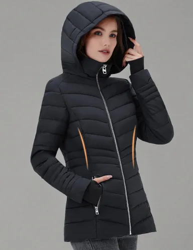 Vista 7 de ROYAL MATRIX Chaqueta acolchada plegable para mujer, chaqueta acolchada ligera para invierno, cálida chaqueta acolchada con capucha desmontable Negro