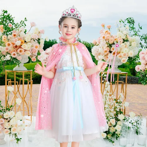 Vista 6 de Vicloon Juego de 11 capas de princesa, capa de princesa con corona, varita, joyas y bolsa, ropa de vestir de princesa para niñas pequeñas, capa