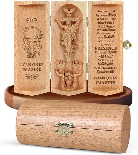 Vista 8 de Jesuspirit - Decoración cristiana, estatua de madera católica, decoración del hogar - Escultura cilíndrica de madera que se puede abrir de Jesús