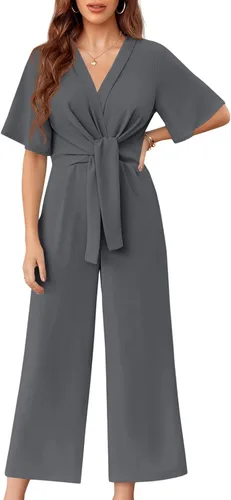 Vista 9 de GAMISOTE Enterizo de pierna ancha para mujer, manga corta, nudo frontal, overol largo de verano Beige