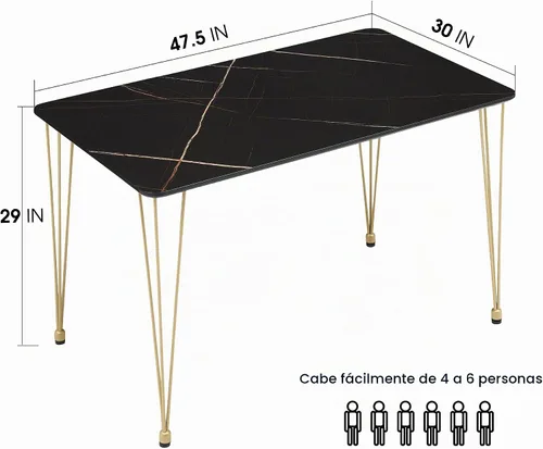 Vista 3 de ivinta Mesa de comedor para 4-6, moderna mesa de comedor de mármol con patas doradas, mesa de comedor rectangular de 47 pulgadas para espacios Negro