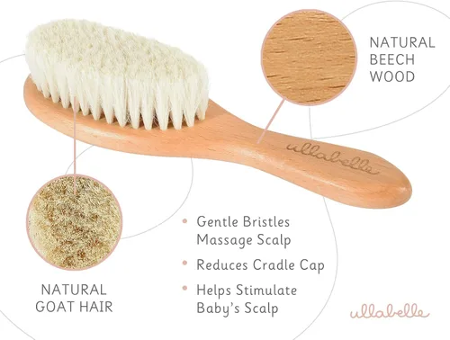 Vista 3 de Ullabelle Juego de 4 cepillos y peine de madera para el pelo del bebé para recién nacidos y niños pequeños en una elegante caja de regalo, pelo