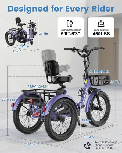 Vista 9 de MOONCOOL Electric Tricycle for Adults, 500W/750W Folding Electric Trike for Adults, 20"x3.0" Fat Tire 3 Wheel Electric Bike, Aluminum Frame
