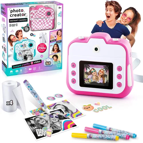 Vista 4 de Photo Creator - Cámara instantánea 3 en 1 para niños, color rosa; cámara, impresora instantánea y cabina de fotos con divertidos marcos y filtros