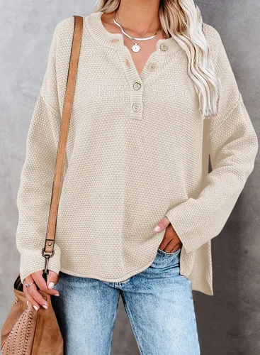 Vista 2 de Pink Queen Suéter de punto con cuello en V para mujer, de gran tamaño, manga larga tipo murciélago, estilo Henley