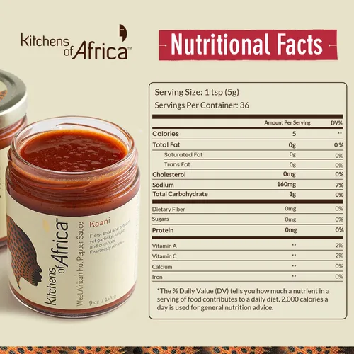 Vista 2 de Kitchens of Africa Kaani - Salsa picante artesanal de África Occidental con pimienta habanero, jengibre fresco y ajo. Ardiente, audaz y picante
