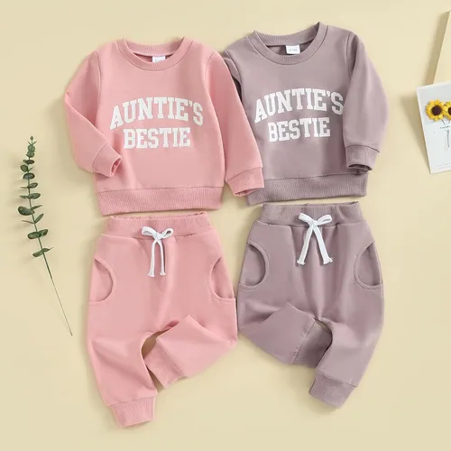 Vista 2 de LouVasabuce Conjunto de sudadera de manga larga con cuello redondo y pantalones deportivos para bebés y niñas