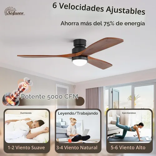 Vista 6 de Sofucor Ventilador de techo de madera maciza de 52 pulgadas, ventilador de techo de montaje empotrado y varilla descendente con luces y control