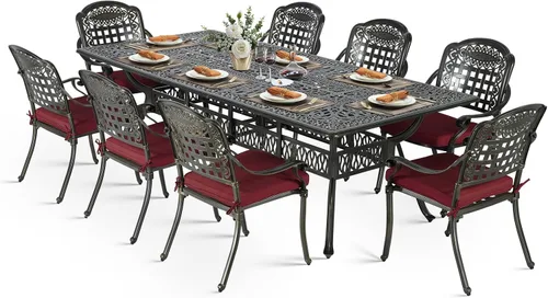 Vista 22 de VIVIJASON Juego de comedor al aire libre de 9 piezas, juego de mesa y sillas de patio de aluminio fundido para 8, incluye mesa rectangular de 94.5