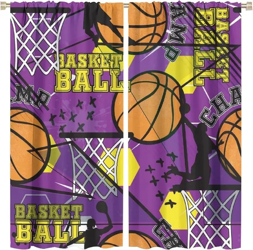 Vista 16 de Cortinas deportivas de baloncesto para niños, patrón de llama de bola 3D naranja, 42 pulgadas de ancho x 45 pulgadas de largo