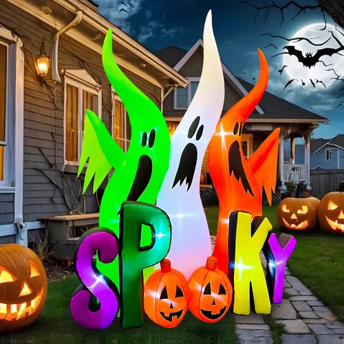 Vista 3 de SEASONBLOW Familia de fantasmas inflables de Halloween de 8 pies con calabaza espeluznante iluminada por LED, decoración inflable para césped
