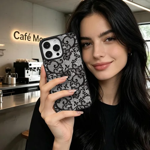 Vista 7 de NITITOP Funda para iPhone 13 Pro con flores de encaje transparente - Negro