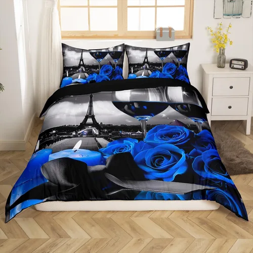 Vista 8 de Juego de funda de edredón de rosa roja, tamaño matrimonial, juego de ropa de cama floral color rojo degradado y negro para niñas, mujeres, niños