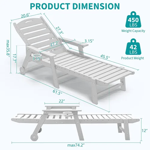 Vista 3 de Plawdlik Silla de salón para exteriores HDPE con ruedas rodantes, color Blanco