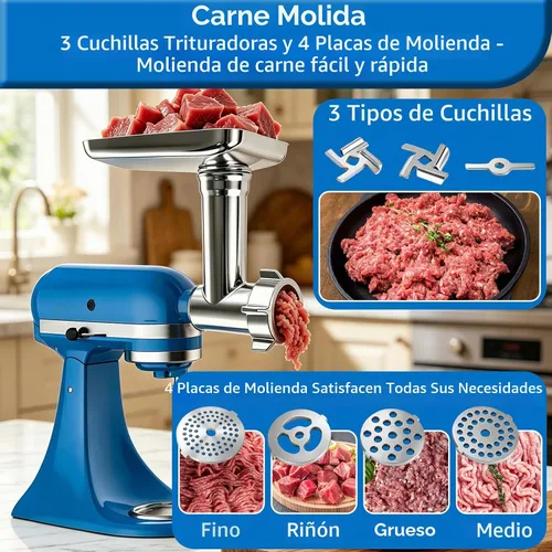 Vista 4 de KitchenAid - Molinillo de carne para batidora de pie, molinillo de alimentos de acero inoxidable con 3 tubos de relleno de salchichas, 4 placas