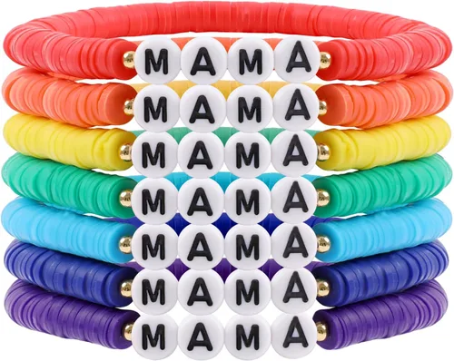 Vista 11 de Juego de pulseras heishi arcoíris estilo surfista para mujer, juego de pulseras apilables de cuentas de arcilla, pulseras elásticas con disco