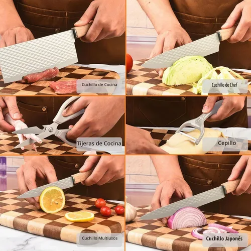 Vista 6 de Juego de cuchillos de cocina profesional de 7 piezas con bloque universal de cuchillos, juego de bloques de cuchillos súper afilados con mango Beige