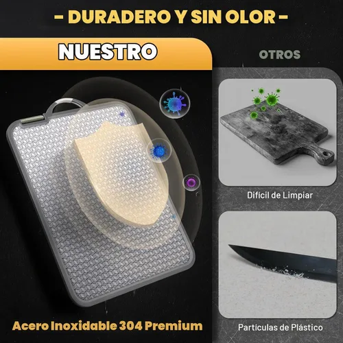 Vista 3 de Tabla de cortar grande de acero inoxidable, tabla de cortar de doble cara de 16 pulgadas para cocina, no tóxica, diseño de malla resistente a