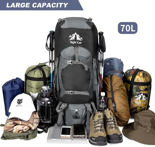 Vista 2 de Night Cat Mochilas de Senderismo 70L Mochilas de Camping para Hombres y Mujeres Ligeras al Aire Libre para Montañismo y Viajes, Sin Marco Interno