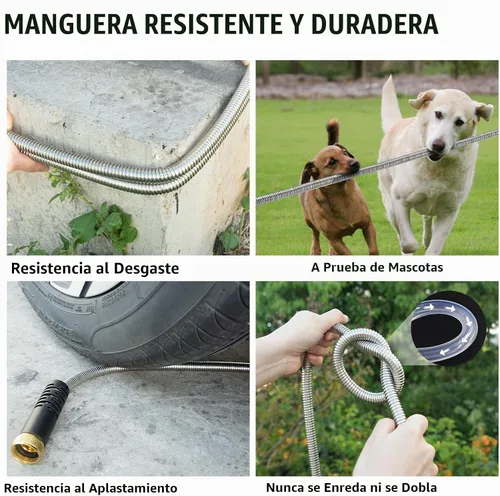 Vista 5 de Manguera de jardín de 50 pies, manguera de agua resistente de acero inoxidable con boquillas de 10 funciones, flexible sin torceduras, a prueba