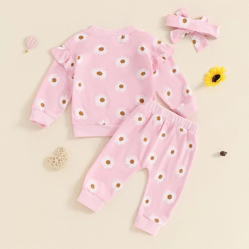 Vista 7 de Douhoow Conjunto de bebé niña con estampado de flores, sudadera con cordón y pantalones de otoño e invierno